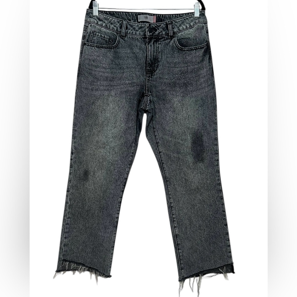 CAbi 100% Boyfriend Charcoal Gray Smoke Washed Jeans Size 6 Raw Asymmetrical Hem